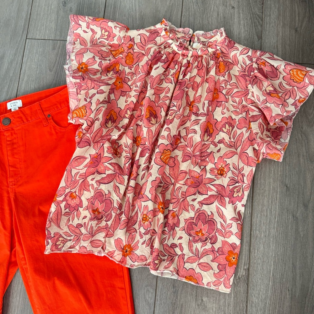 Trovata Pink and Orange Floral Flutter Sleeve Blouse